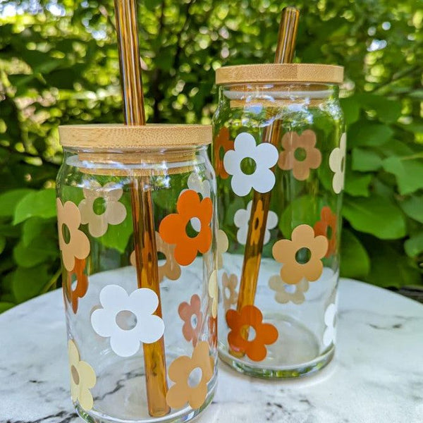 Glass Cup - Retro Flower, Neutral