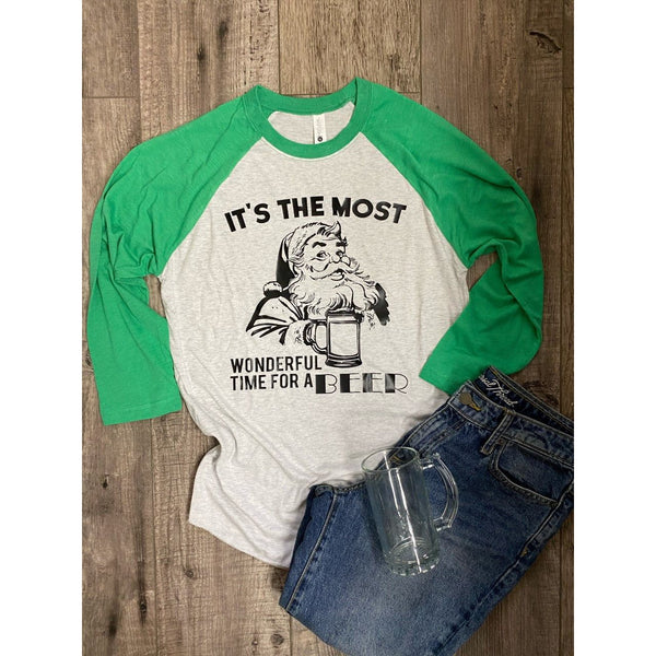 Most Wonderful Time For A Beer & Santa Raglan Shirt; Small - 3XL